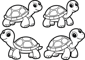 Cute cartoon turtle illustration set, smiling tortoise characters line art, kids coloring book vector animal outline design for children printable