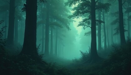 Naklejka premium Misty evergreen woods line a path. Tall trees stand in thick fog. Lush green undergrowth carpets the ground. Light filters through the dense canopy.
