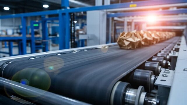 Industrial conveyor belt transports crumpled brown paper packages in a modern factory