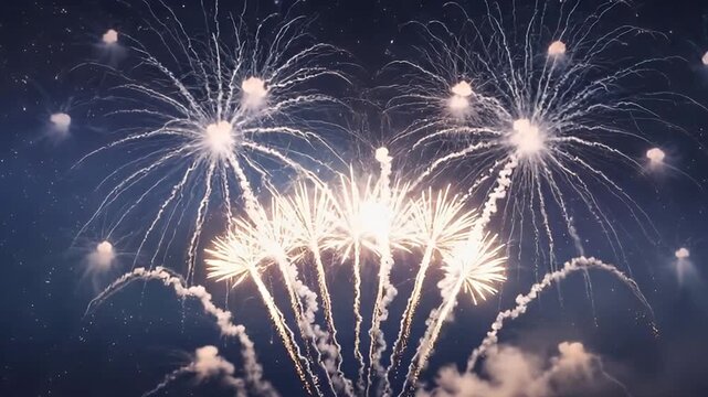 A spectacular display of golden fireworks bursts across the dark night sky, illuminating the scene with brilliant, shimmering light trails. Multiple explosions create a dazzling and dynamic visual spe