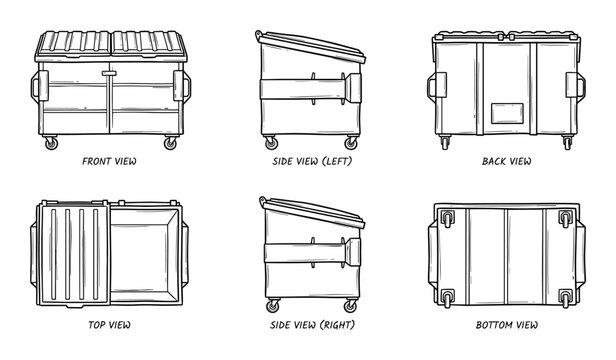 Dumpster 6 Views Black and White Illustration Dumpster front, side, back, top, side, bottom views
