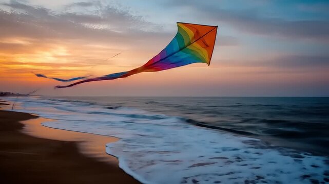 Colorful kite soaring above ocean waves during a vibrant sunset
