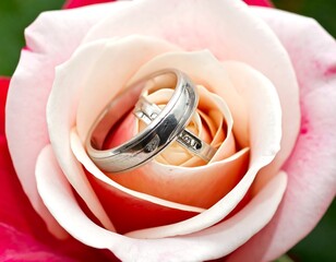 Close-up of silver bands nestled in a light red and pink rose