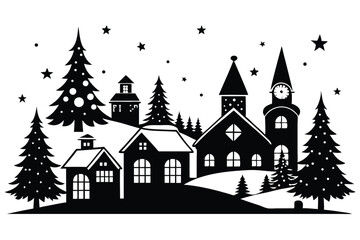 Obraz premium christmas village line art silhouette vector illustration