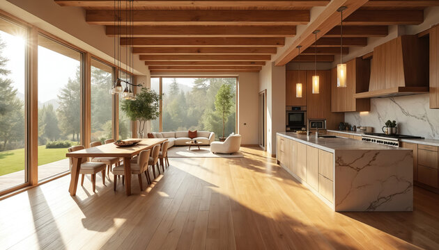 Modern open plan home interior with kitchen dining and living area. Large windows showcase forest view. Wood beams and floors create warm atmosphere. Elegant furniture.