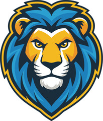 Obraz premium stylized lion head mascot emblem logo design with detailed mane fierce expression modern vector illustration in bold blue gold and white colors for sports teams brands or competitive organizations