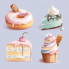 Cute Glossy Dessert Icons with Donut, Cake, and Ice Cream
