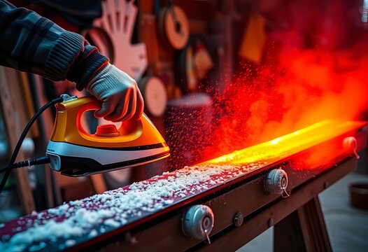 Hot ski wax applied with iron in workshop setting,  workshop,  equipment preparation