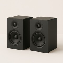 Obraz premium Modern pair of stereo speakers standing on white background angled toward each other for music audio system home theater and sound equipment themes