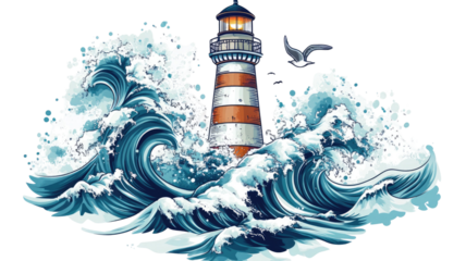 Lighthouse amidst turbulent ocean waves storm battered coastal tower sea spray dramatic weather maritime scene isolated on white background
