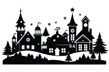 Obraz premium christmas village line art silhouette vector illustration
