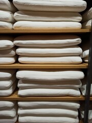 Stacked White Pillows on Wooden Shelves
