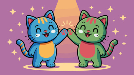 Fototapeta premium Adorable colorful cartoon cats giving high five in cheerful celebration with stars in background, playful illustrated characters for kids, family, friendship, happiness, cute animals, joyful moment, v