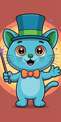 Obraz premium Cute cartoon blue cat wearing a green top hat and orange bow tie, holding a magic wand, cheerful and lively character for children's entertainment, party decoration, celebration, whimsical design, vib