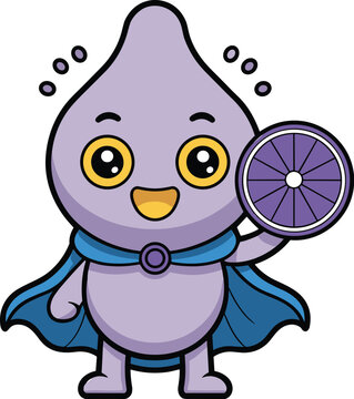 cute cartoon noseless character with big expressive eyes dressed as a superhero holding a purple shield with a vibrant blue cape in a cheerful pose on a plain background, perfect for children's entert