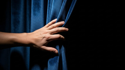 Hand pulling open a rich blue velvet curtain, revealing darkness, theatrical concept