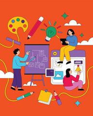 Creative teamwork and brainstorming session with digital sketches, colorful icons, animated characters collaborating on innovative project development in a vibrant, modern workspace for design and tec
