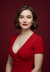 Naklejka premium 💬 Caption (200 characters):A confident British woman, 35, smiles calmly in a fitted red dress highlighting natural breast augmentation results. A professional studio portrait with soft shadows on a