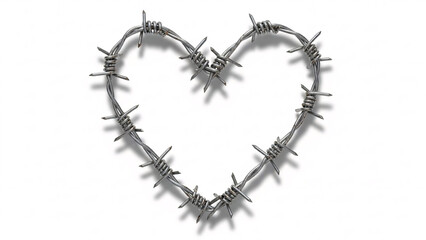 Heart shape made from barbed wire, isolated on white background, symbolizing painful love or difficult relationships