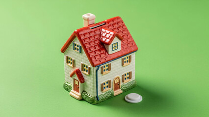 Cute miniature house piggy bank with red roof and white walls, symbolizing saving money for home ownership or real estate investment on a vibrant green background.