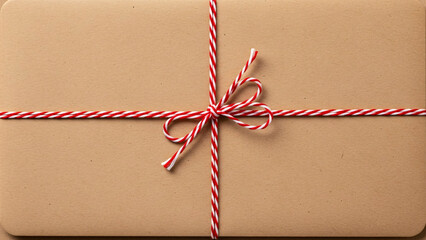 Top-down view of a classic brown kraft paper package or gift wrapped with festive red and white striped baker's twine, tied neatly in a bow, conveying traditional shipping and present concepts.