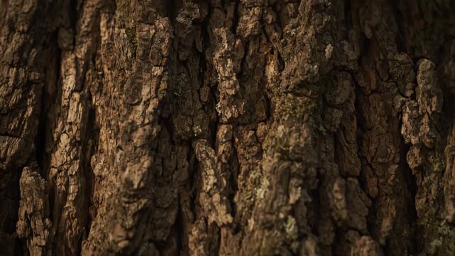 Close up of tree bark with lichen growing on the rough surface