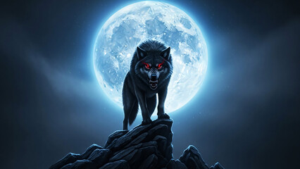 Dramatic illustration of a fierce black wolf with glowing red eyes standing menacingly on a rocky peak against a huge, luminous full moon in a dark, star-filled night sky, symbolizing power and myster