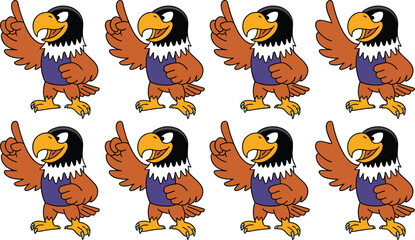 Obraz premium Cartoon eagle character with cheerful expression and raised index finger, colorful illustration in playful style, suitable for children’s education games, animated series, mascot branding, advertising