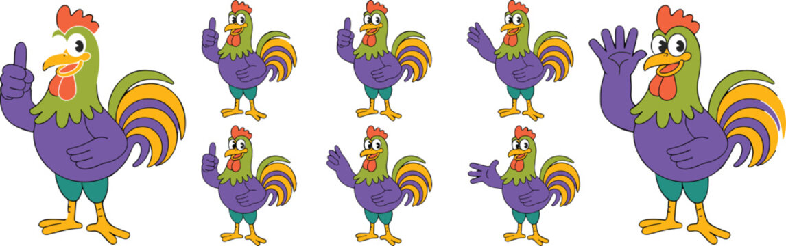 Bright colorful cartoon rooster characters with cheerful expressions displaying thumbs up and waving gestures, set against a dark background, suitable for children's entertainment, animation, educatio