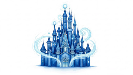 Majestic Blue Ice Castle Illustration with Whimsical Spires and Magical Swirling Details, Evoking a Fairytale and Fantasy Wonderland.