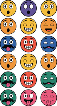 Collection of colorful cartoon emoticons expressing surprise, happiness, joy, humor, and amusement in various vibrant colors with playful facial expressions suitable for digital communication, social