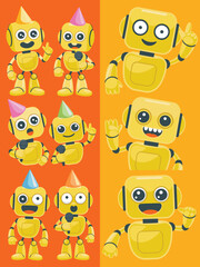 Colorful cartoon robots with party hats holding microphones and making cheerful gestures, fun expressive characters for entertainment, technology, innovation, playful design, children's illustrations,