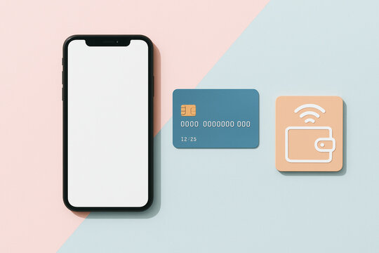 A smartphone, credit card, and digital wallet icon on a split pink and blue background, representing modern payment methods. - Powered by Adobe