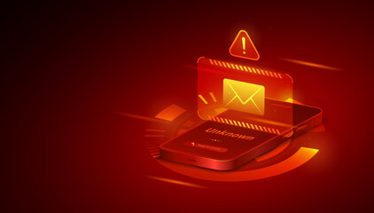 Cybersecurity Warning Spam SMS - Mobile Phishing Scam Message Alert on Smartphone Email Screen Vector Illustration Background