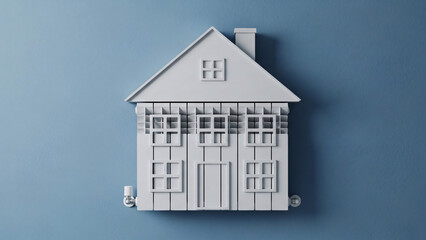 Modern Minimalist White House Shape Constructed from Radiators, Mounted on a Light Blue Wall, Symbolizing Home Heating, Energy, and Comfort.