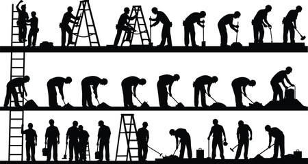 Silhouette of construction workers digging and moving dirt with shovels and ladders Keywords: construction, worker, silhouette © rayhan039