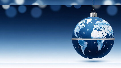 Elegant Blue Christmas Ornament Shaped Like a World Globe with a Map and Snowflakes, Hanging Against a Festive Blurred Blue Bokeh Background, Global Holiday Theme.