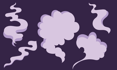 Smoke cartoon clouds icon set. Stylized cartoon clouds and smoke puffs on dark purple background, playful fantasy icons for games, comics, and creative design.

