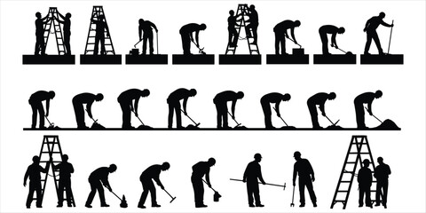 Silhouettes of construction workers performing various tasks with tools and ladders Keywords: construction, worker, silhouette © rayhan039