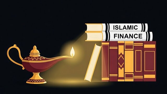 Islamic Finance Knowledge Illuminated by Ancient Lamp and Books.