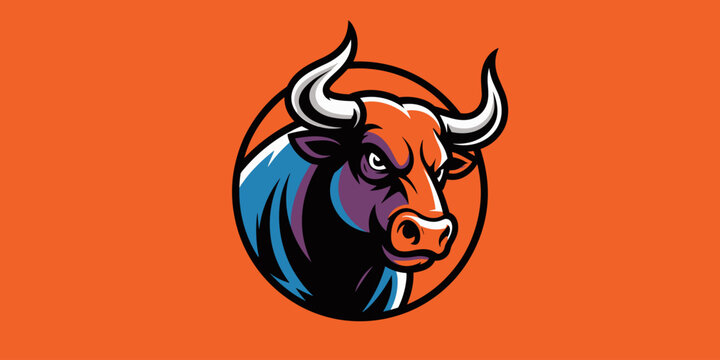 Dynamic illustrated bull mascot logo design with aggressive expression, modern style, bold colors, detailed linework, suitable for sports teams, branding, marketing, merchandise, advertising, energeti