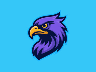 Obraz premium Dynamic eagle mascot illustration in vibrant purple and yellow colors representing strength leadership and freedom ideal for sports branding gaming logos modern design digital art for marketing advert