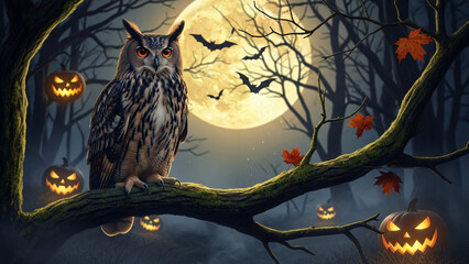 Spooky Halloween Night Scene with a Wise Owl on a Branch, Jack-o'-Lanterns, Bats, and a Full Moon in a Misty Forest.