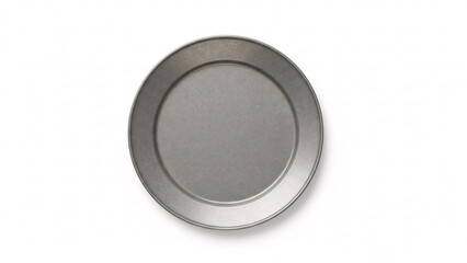 Empty Round Silver Metal Plate with Subtle Shadow, Isolated on a Clean White Background from a Top-Down View.
