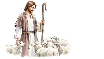 Gentle Watercolor Illustration of Jesus Christ as a Shepherd Tending His Flock of Lambs with Care on a White Background.