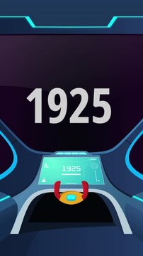 Time travel cockpit with futuristic animation jump to the year 1925 vertical. Ideal for content creators, tech presentations, future concepts, and cinematic video projects.