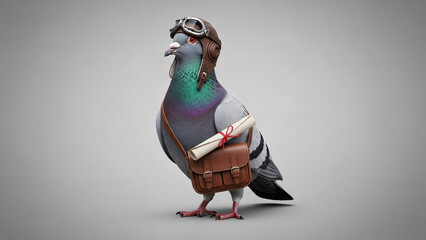 Humorous Vintage Pigeon Postman with Pilot Helmet, Goggles, and a Leather Satchel Carrying a Message Scroll.