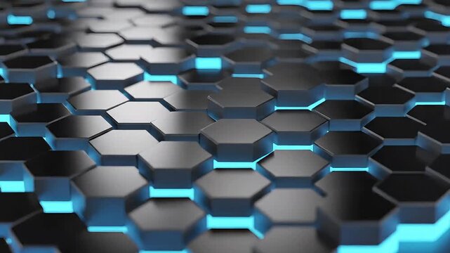 Abstract blue hexagonal grid background with glowing neon lights and moving mechanical structure