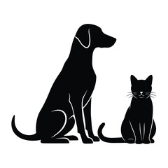 Simple black silhouette icon of a sitting dog and cat together