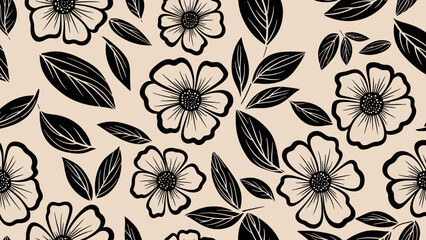 Elegant Black Floral Pattern on Beige Background - Seamless Vector Design